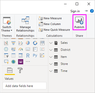 Screenshot of Power BI Desktop showing the Publish button.