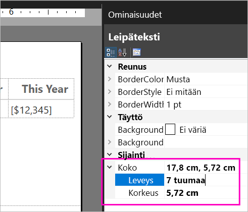 Screenshot of body size properties.