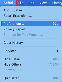 Näyttökuva Apple Safari -valikosta, jossa asetukset on valittuna.