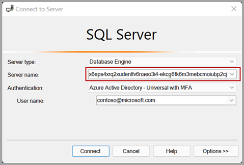 Näyttökuva SQL-palvelimen yhteyden muodostamisesta palvelinikkunaan.