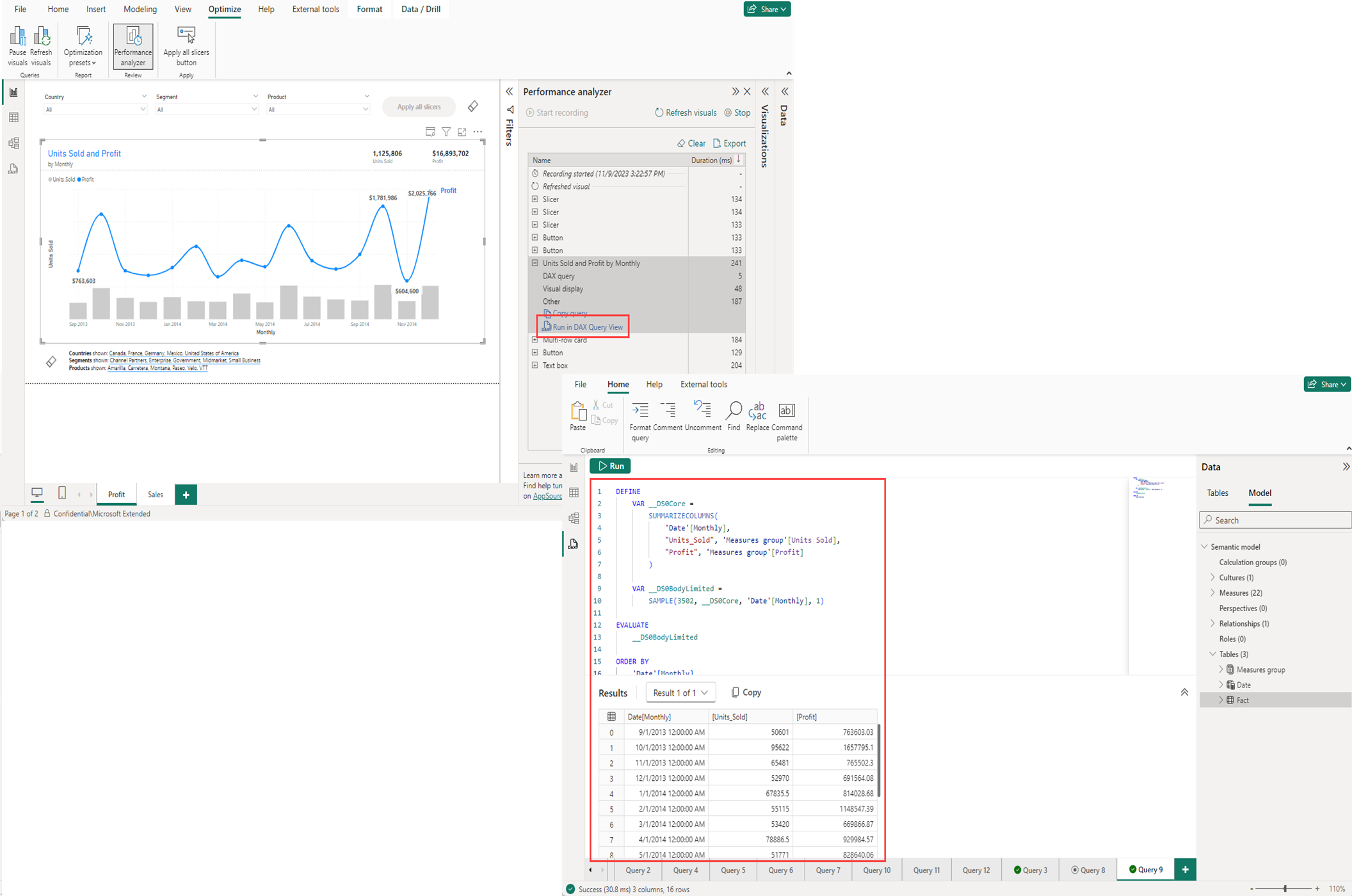 Näyttökuva visualisointien DAX-kyselyistä Suorituskyvyn analysointi -ominaisuudessa.