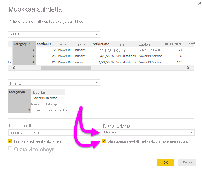 Kuvakaappaus Muokkaa suhdevalintaikkunaa, jossa ristisuodattimen suunta on asetettu molemmille ja valintaruutu Apply Security Filter -valinta molempiin suuntiin.