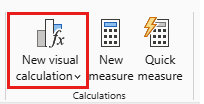 Näyttökuva Power BI Desktopin Aloitus Power BI painikkeen Uusi visualisoinnin laskenta -painikkeesta.