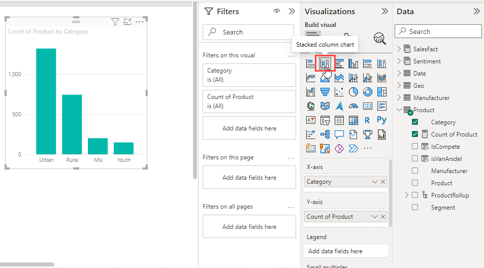 Näyttökuvassa näkyy pinotun pylväskaavion painike.
