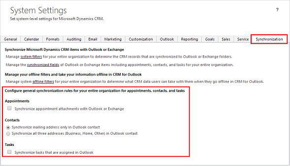Näyttökuva Dynamics 365 for Outlookin Järjestelmäasetukset-synkronointi-välilehdestä.
