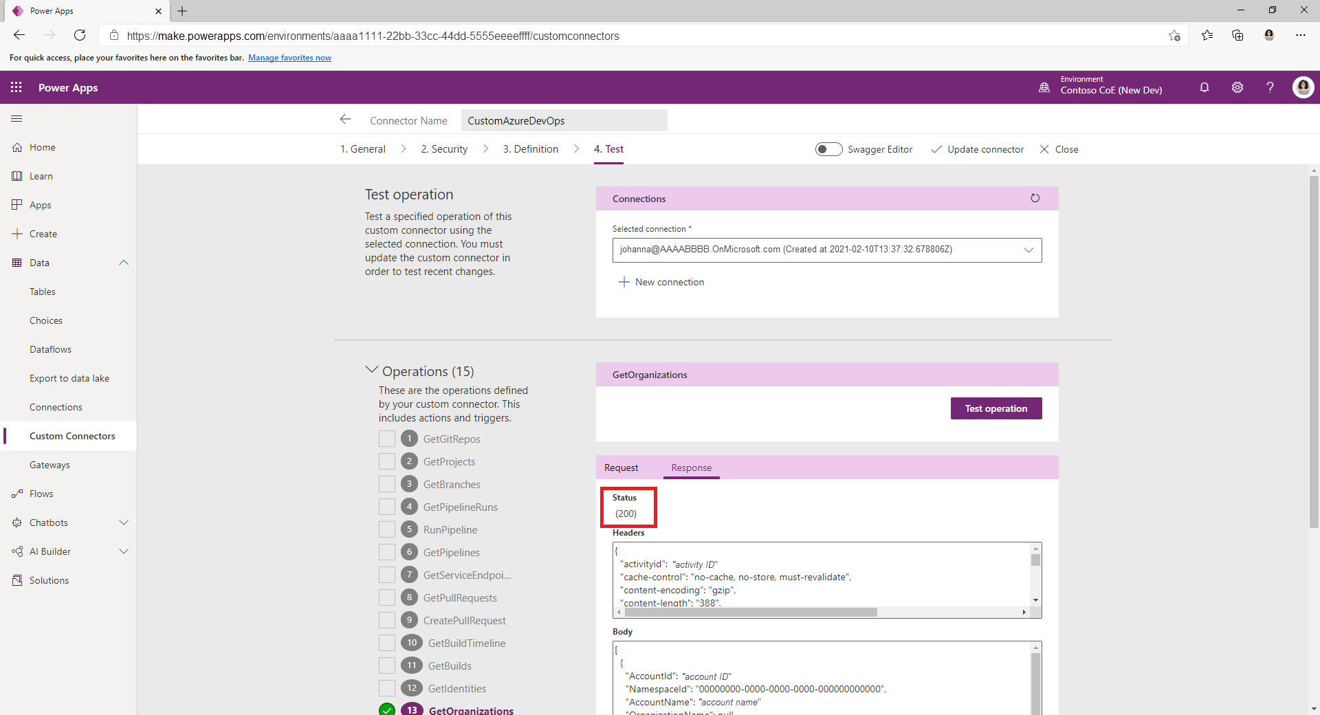 Kuvakaappaus mukautetun Azure DevOps -liitännän suojausasetuksista.