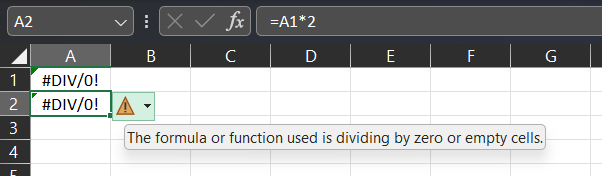 Excel-laskentataulukon solussa näkyy A2=A1*2 ja #DIV/0!