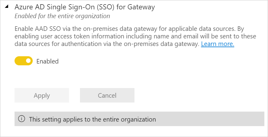 Kuvakaappaus Microsoft Entra ID SSO:sta yhdyskäytävän dialogille, Enabled -valinta päällä.