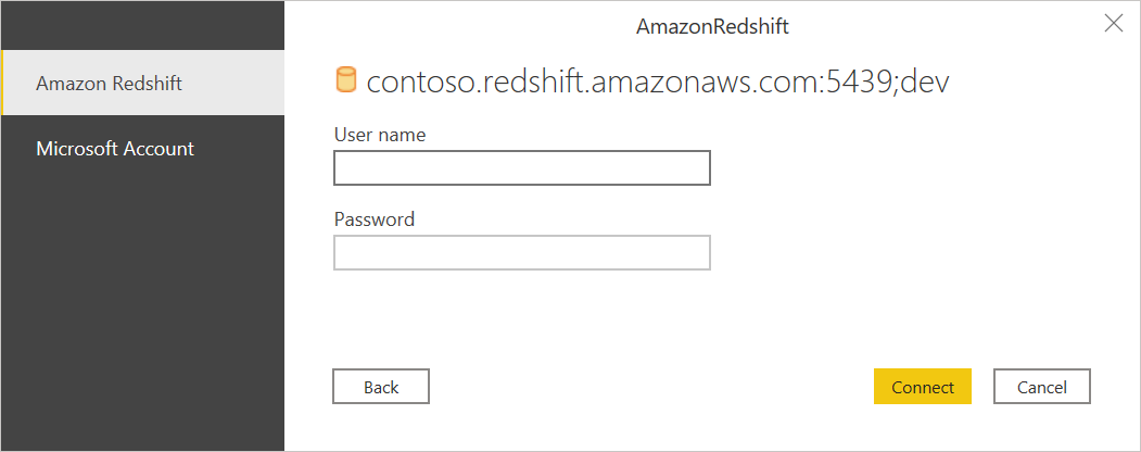 Näyttökuva todennusikkunasta, jossa todennustyypiksi on valittu Amazon Redshift.