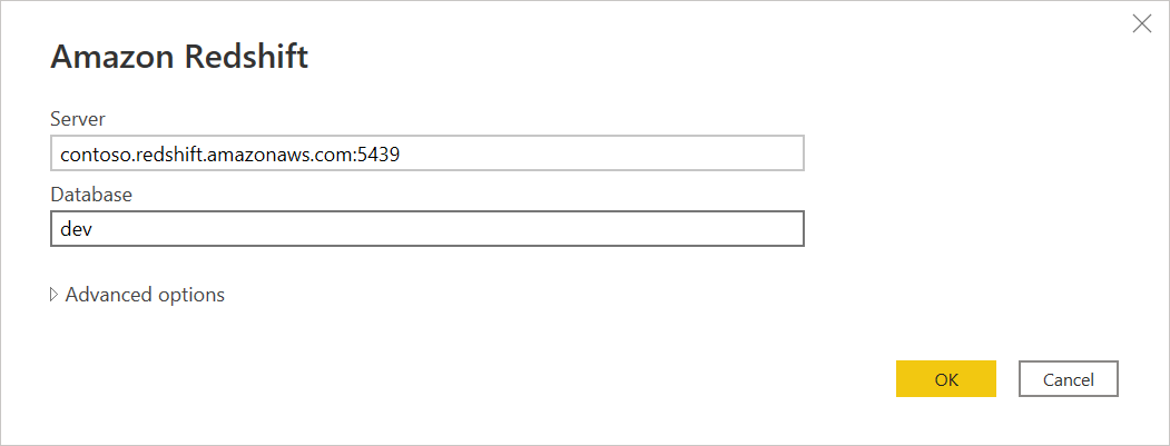 Kuvakaappaus Amazon Redshift -yhteysikkunasta, jossa on esimerkkipalvelimen nimi, portti ja tietokannan nimi.