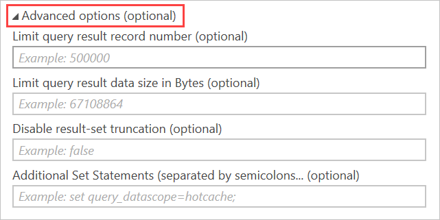 Näyttökuva Azure Data Explorer (Kusto) -yhteysikkunasta, jossa on korostettu valinnaisia lisäasetuksia.