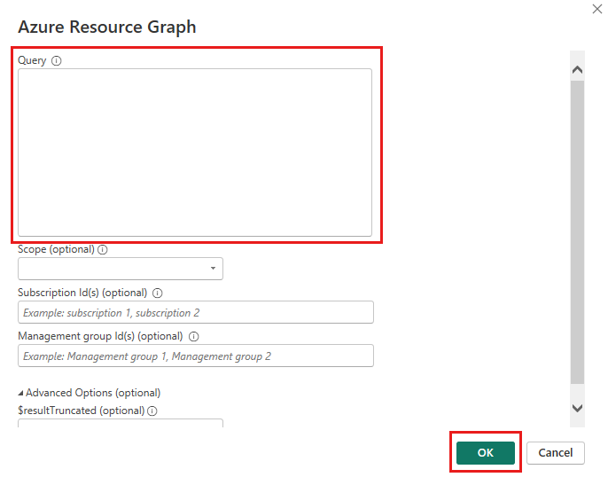 Näyttökuva syöttövalintaikkunasta, jossa on korostettu Azure Resource Graph -liitin.