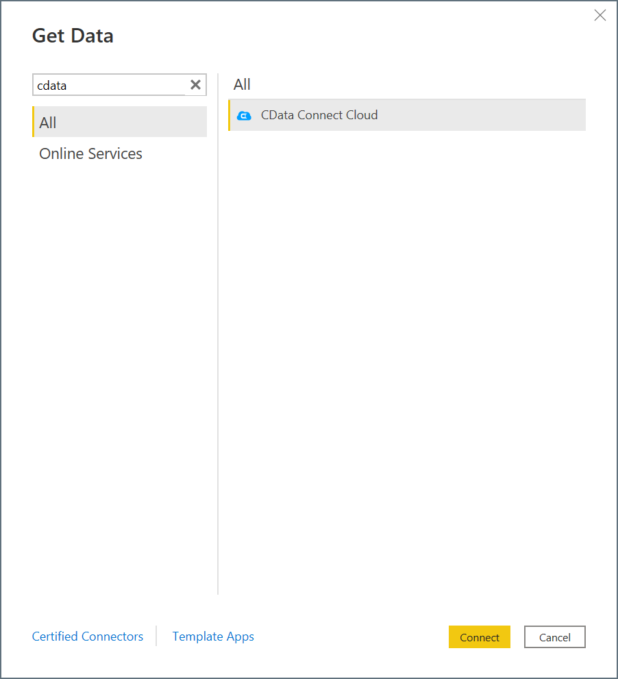 Näyttökuva Nouda tiedot -valintaikkunasta, jossa valitset CData Connect Cloudin.