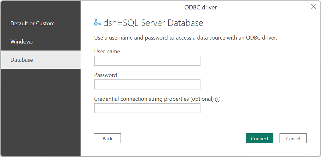 Näyttökuva ODBC-todennusvalintaikkunasta Power Query Desktop.