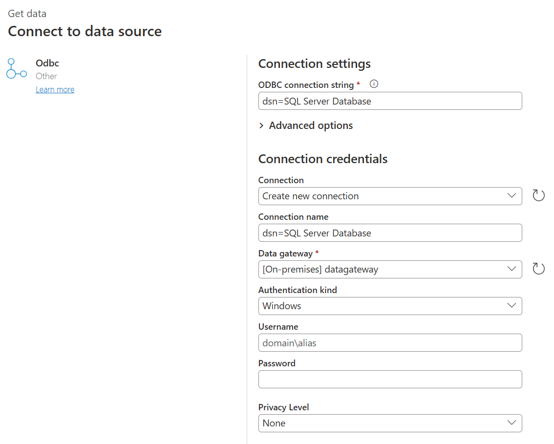 Näyttökuva ODBC-sivusta, jossa yhteysmerkkijonoksi on määritetty SQL Server tietokanta.