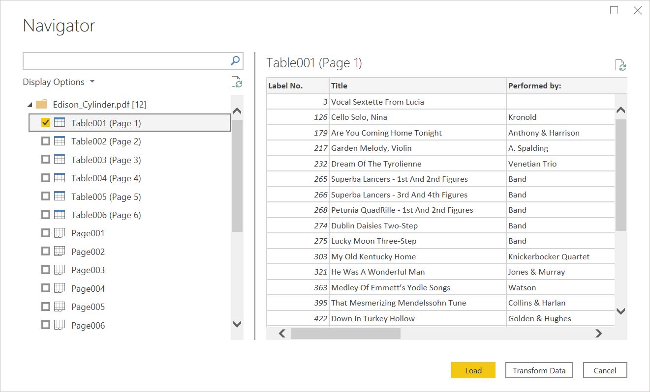 PDF-tiedosto tuotu Power Query Desktop Navigator.
