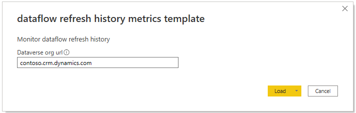 Kuvakaappaus mallitiedoston valikosta, johon syötät Dataverse-organisaation URL-osoitteen.