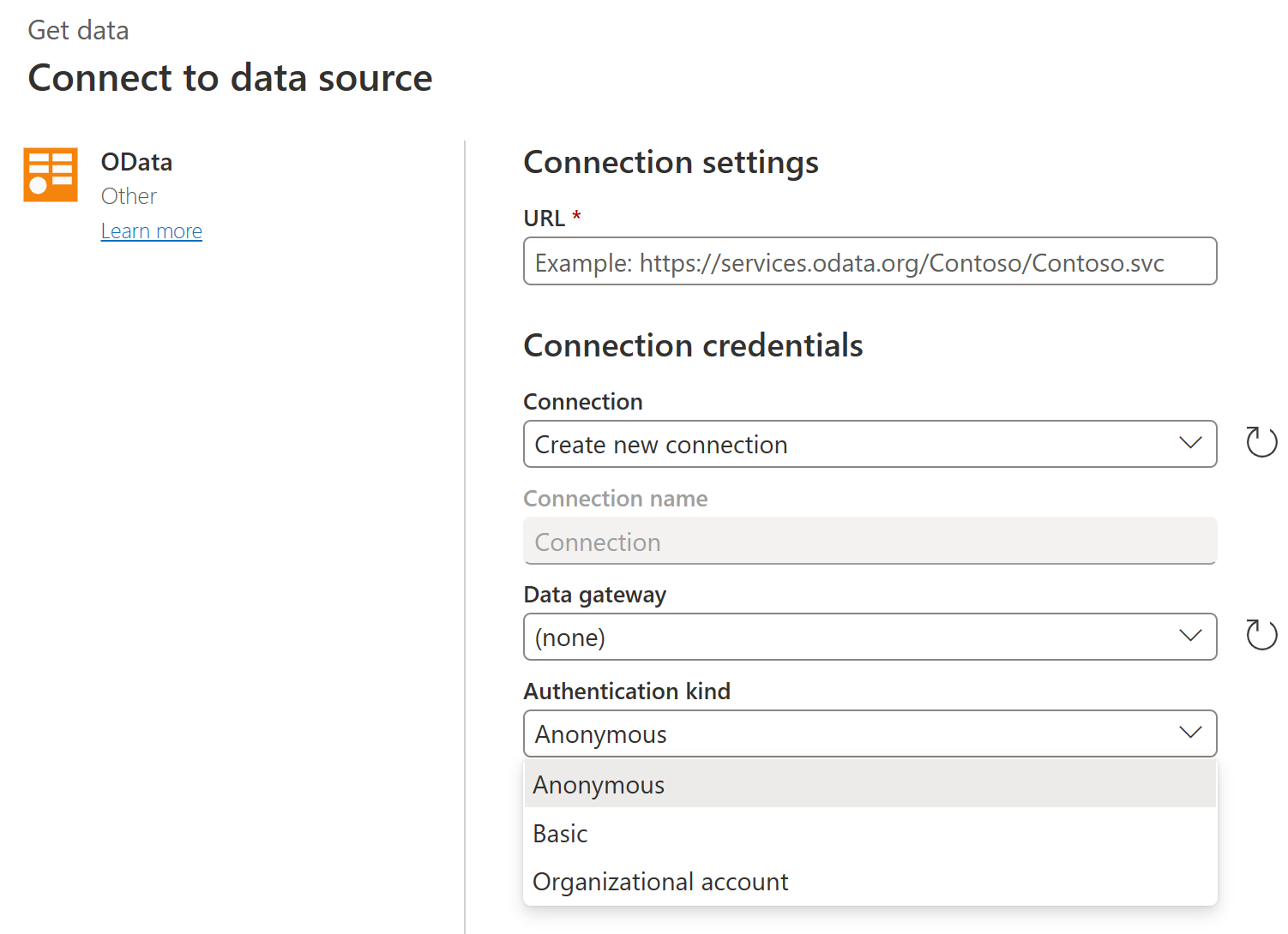 Näyttökuva OData-liittimen Näyttöyhteys tietolähdeikkunoihin Power Query Onlinessa.