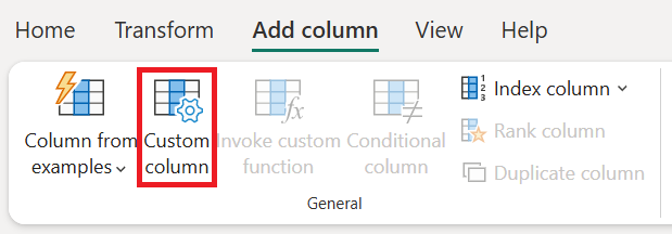 Näyttökuva Power Query -valintanauhasta, jossa on korostettu Mukautettu sarake -valintanauhassa Lisää sarake -välilehdessä.