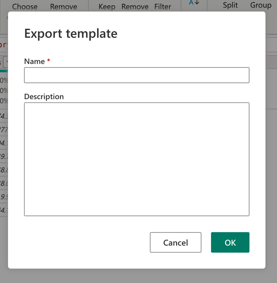 Kuvakaappaus Export Template -valintaikkunasta, jolla voi asettaa mallipohjan nimen ja kuvauksen.