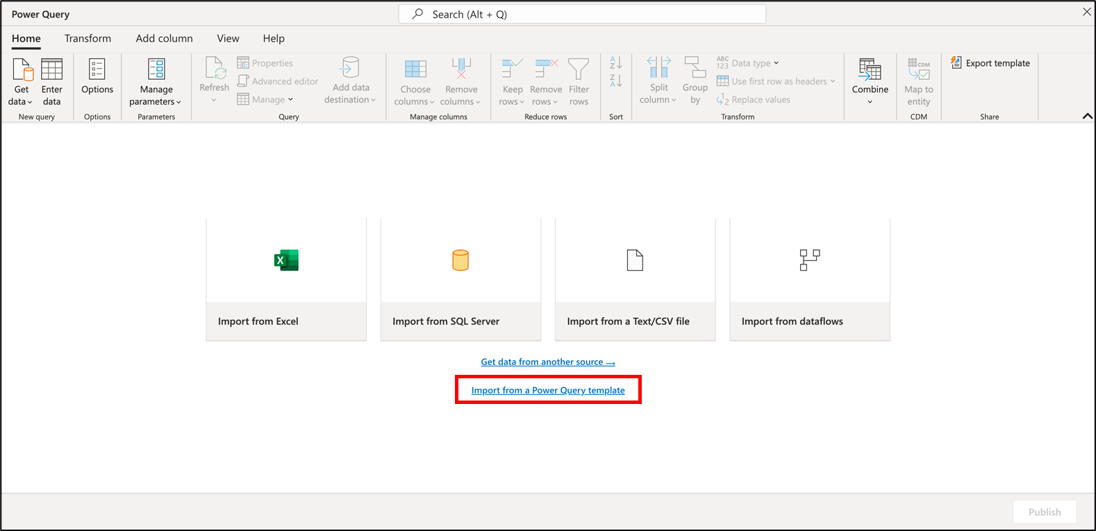 Kuvakaappaus siitä, miten tuodaan Power Query-pohjalinkistä Power Query kotisivulta tai canvas.