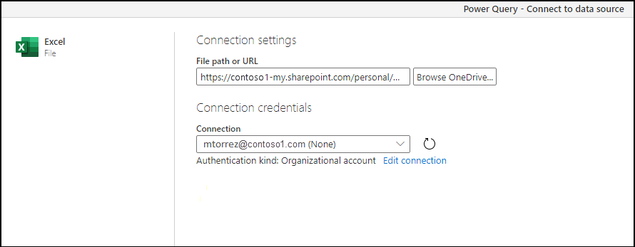 Näyttöyhteys asetusten ikkuna, jossa on URL-osoite valittuun OneDrive for Businessissa isännöimään tiedostoon.