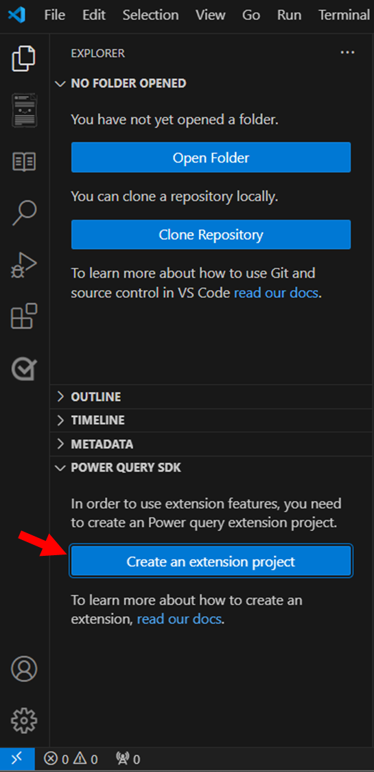 Näyttökuva, jossa korostetaan Power Query SDK -laajennusprojektin luontivaihtoehtoa.
