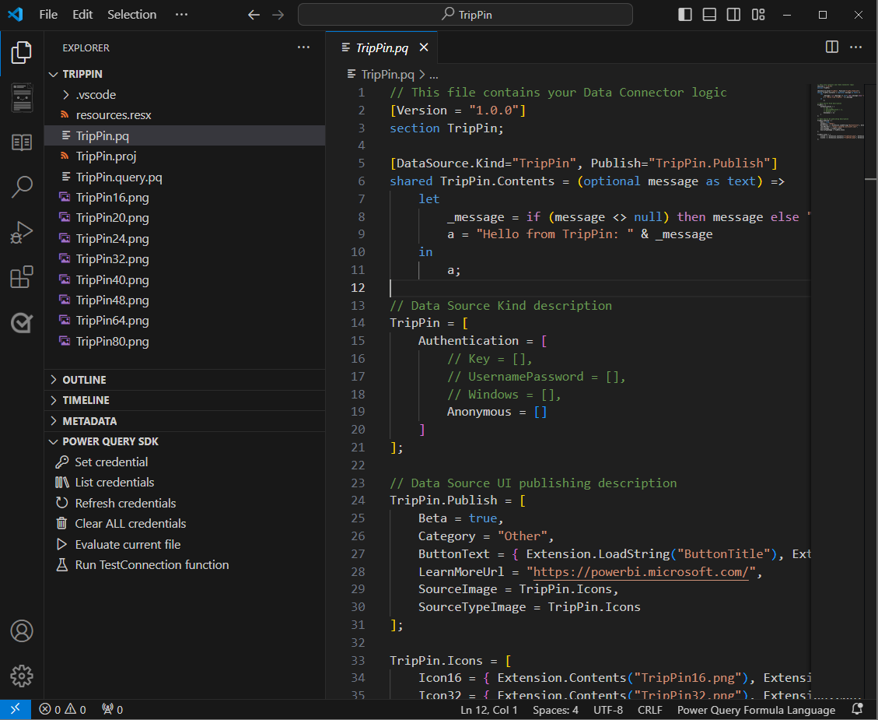 Näyttökuvassa on uusi laajennusprojekti nimeltä TripPin, jossa käytetään Power Query SDK:ta.