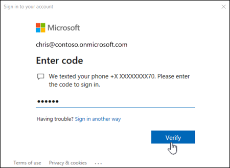 Enter your verification code in the Sign in to your account window.