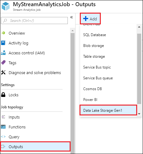 Screenshot of the Stream Analytics Job blade with the Outputs option, Add option, and Data Lake Storage Gen 1 option called out.