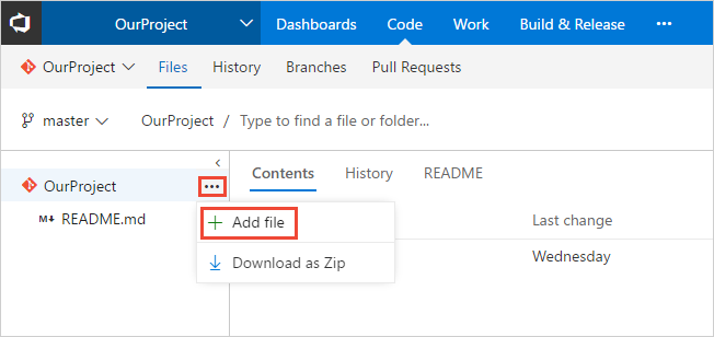 On the Files tab, from the repo node, select the 'Add file' option