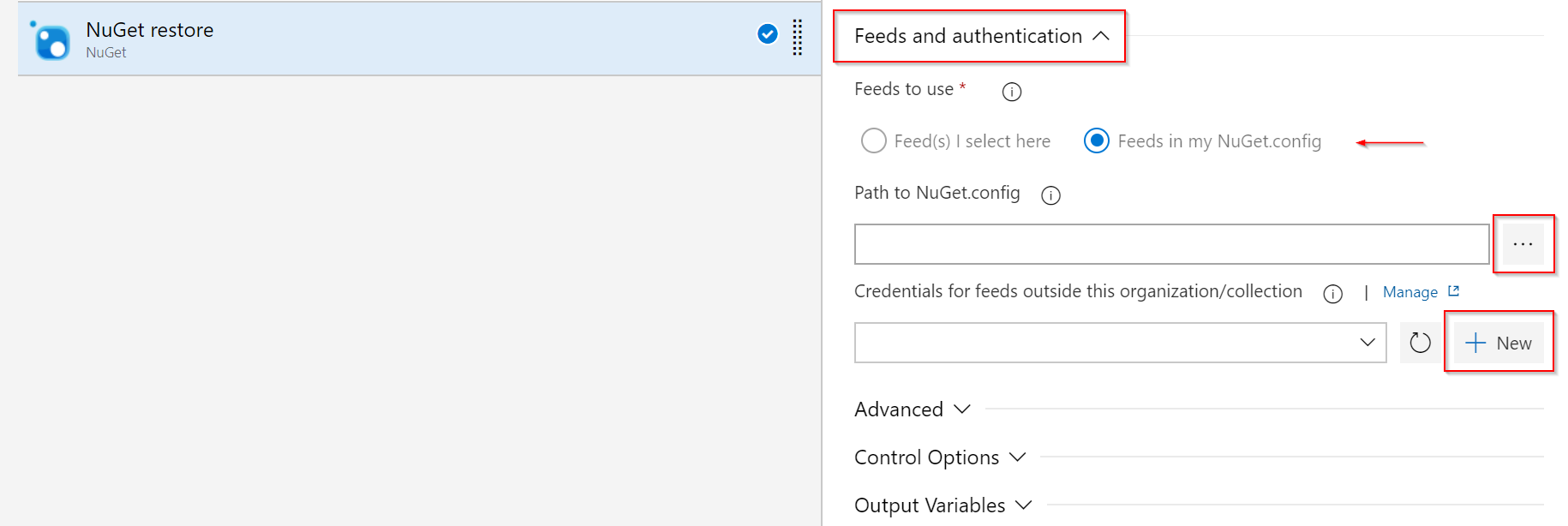 Screenshot showing how to configure the NuGet restore task