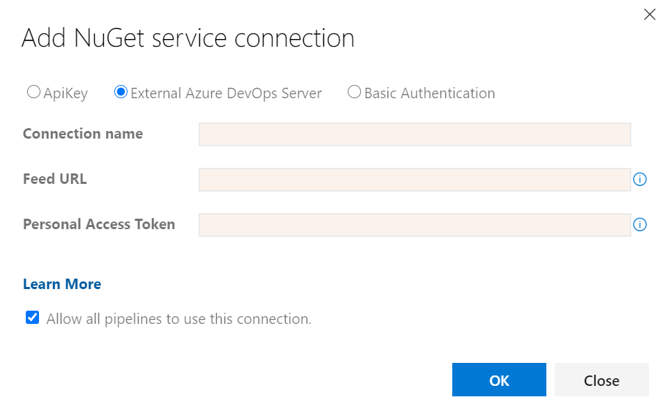 Screenshot showing how to add a NuGet service connection