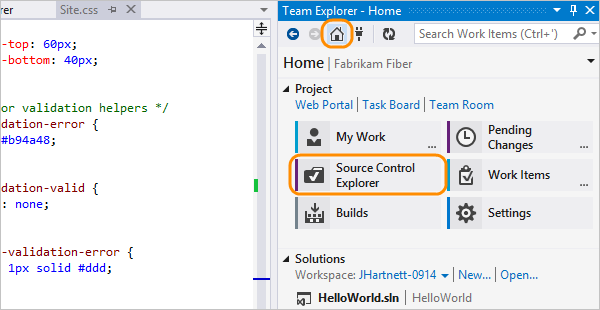 Source control explorer in the team explorer home page