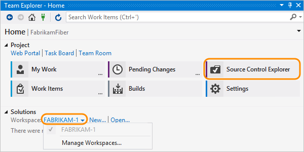 In Team Explorer, click Source Control Explorer or Manage Workspaces