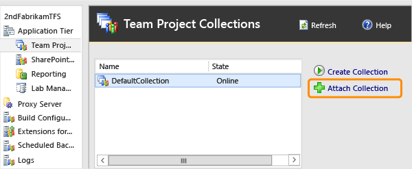 TFS Administration console, Team Project Collections