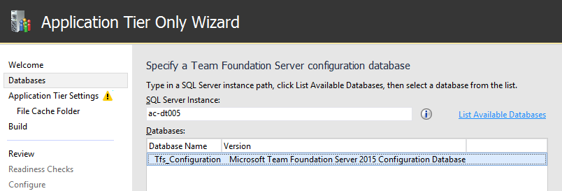 Database page in the application tier only configuration wizard