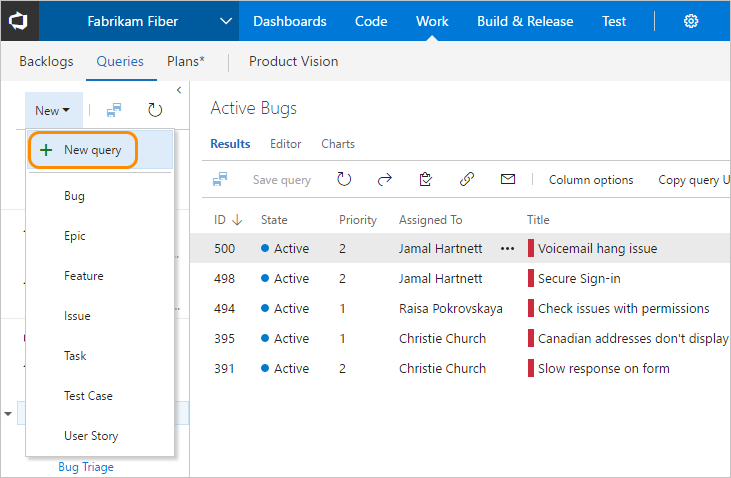 Screenshot to Queries page, Choose New query from the drop down menu.