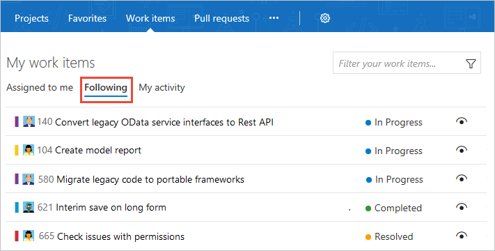 Screenshot of Projects > My work items > Following page.