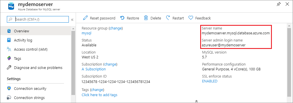 Azure Database for MySQL server name 2