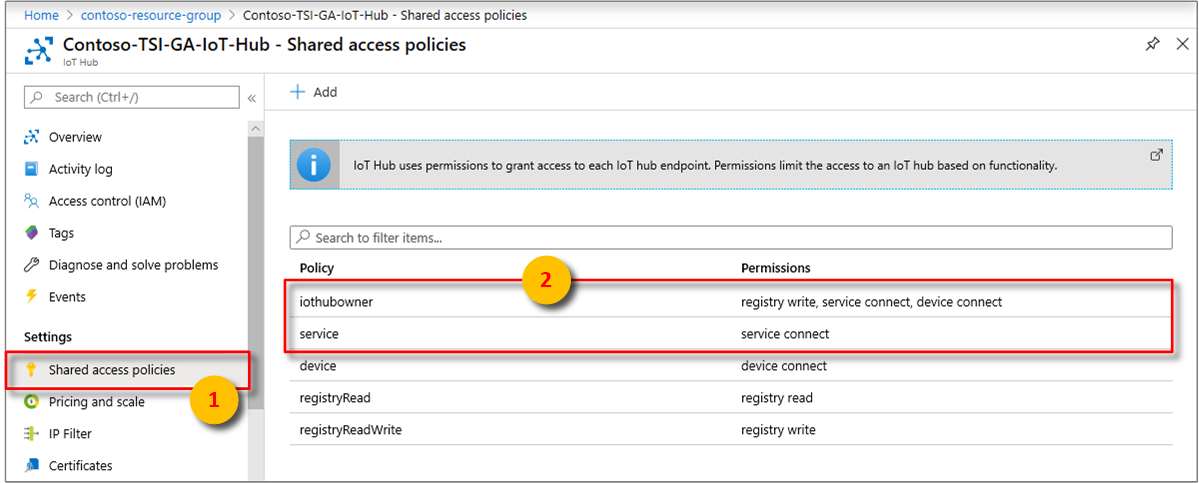 IoT Hub service connect permissions