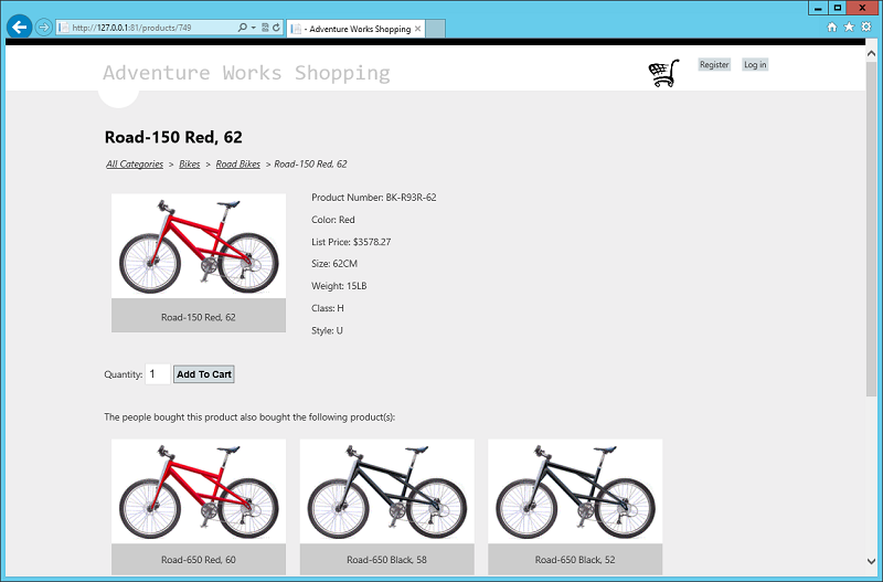 Figure 2 - The Shopping application showing the details of a product and a list of related recommended products