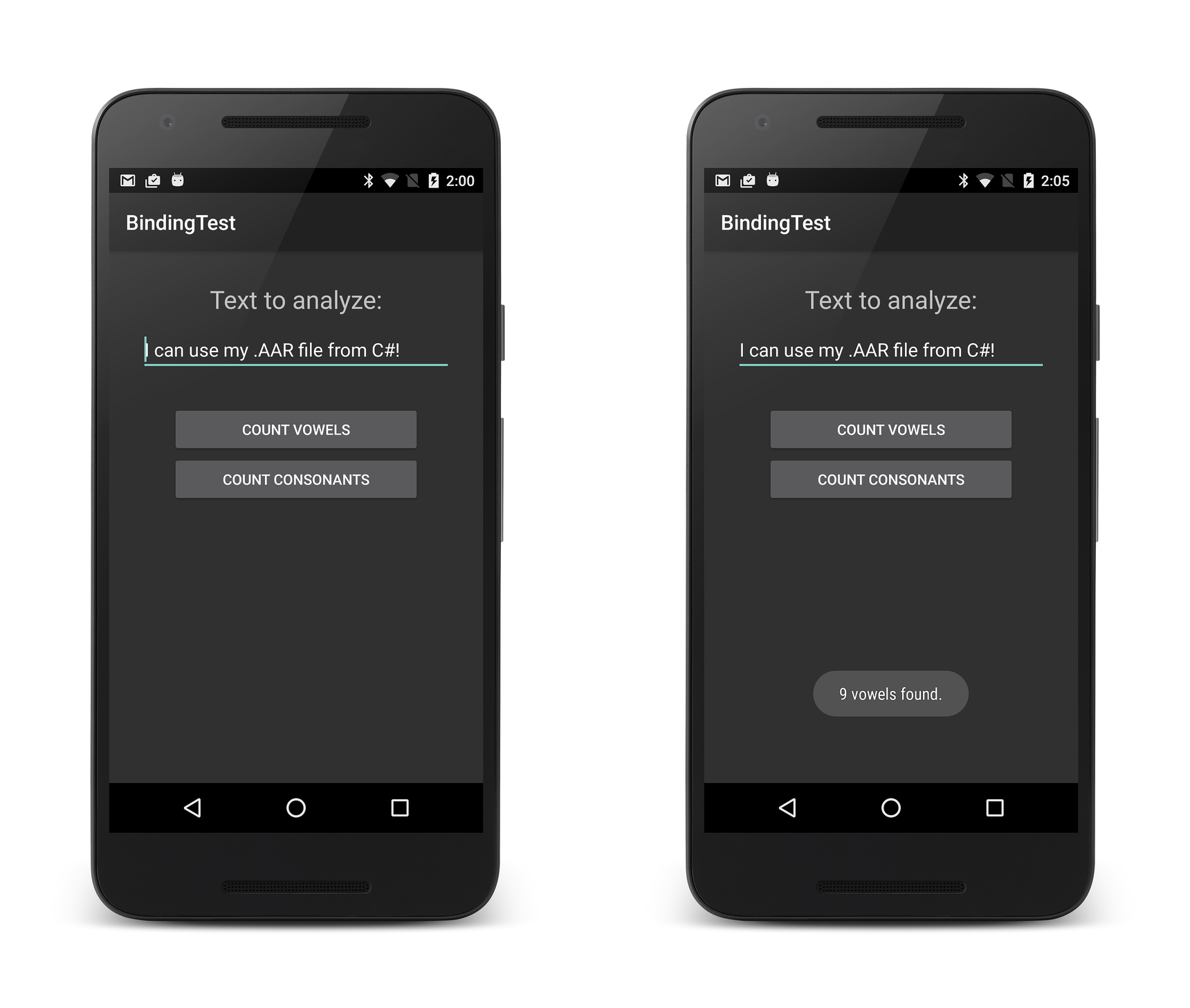Screenshots from running BindingTest