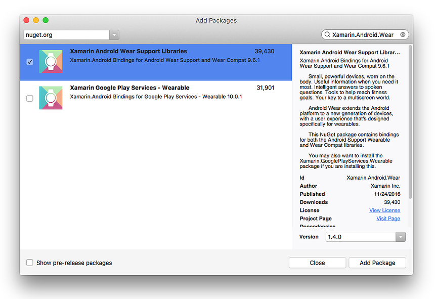 Add the Xamarin.Android.Wear package NuGet Package Manager add