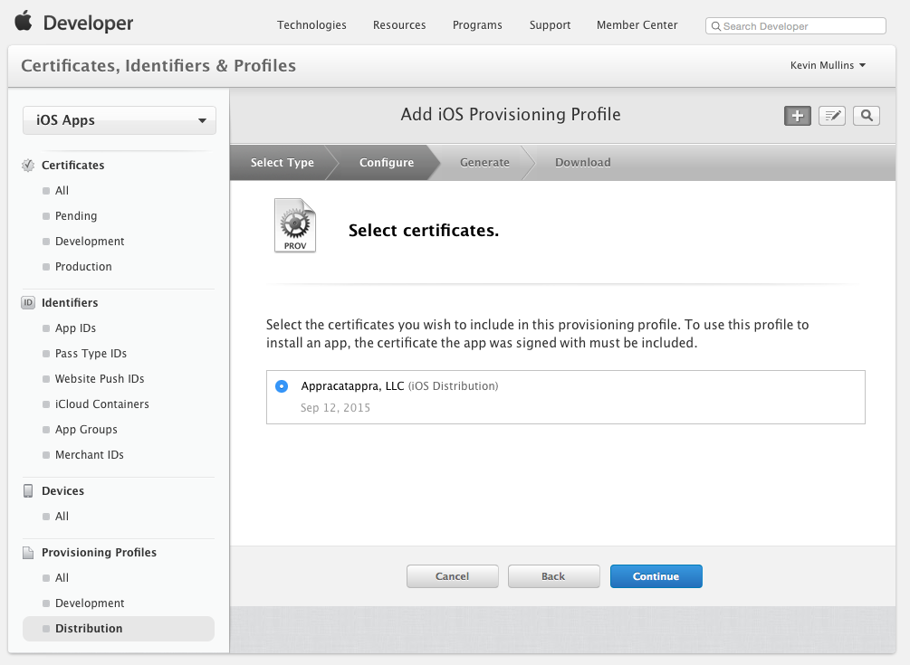 Select distribution certificate required to sign the application