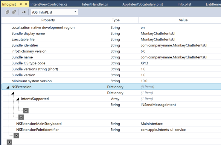 The NSExtension and NSExtensionAttributes keys in the editor