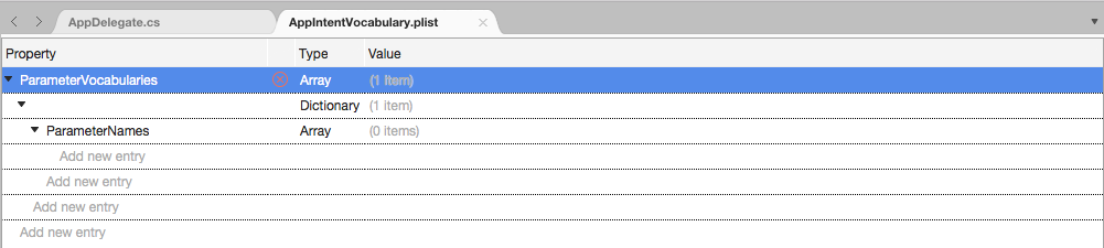 Set the Name to ParameterNames and the Type to Array