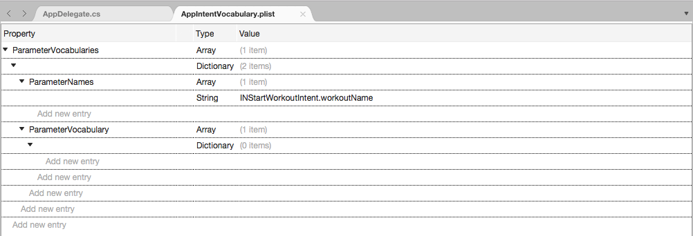 Add a new key with the Type of Dictionary in Visual Studio for Mac.