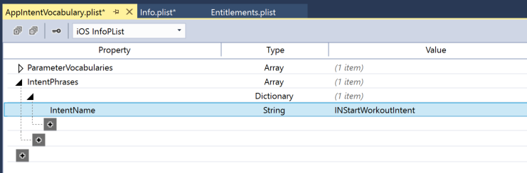 Add the IntentName key with the Type of String and Intent for the example