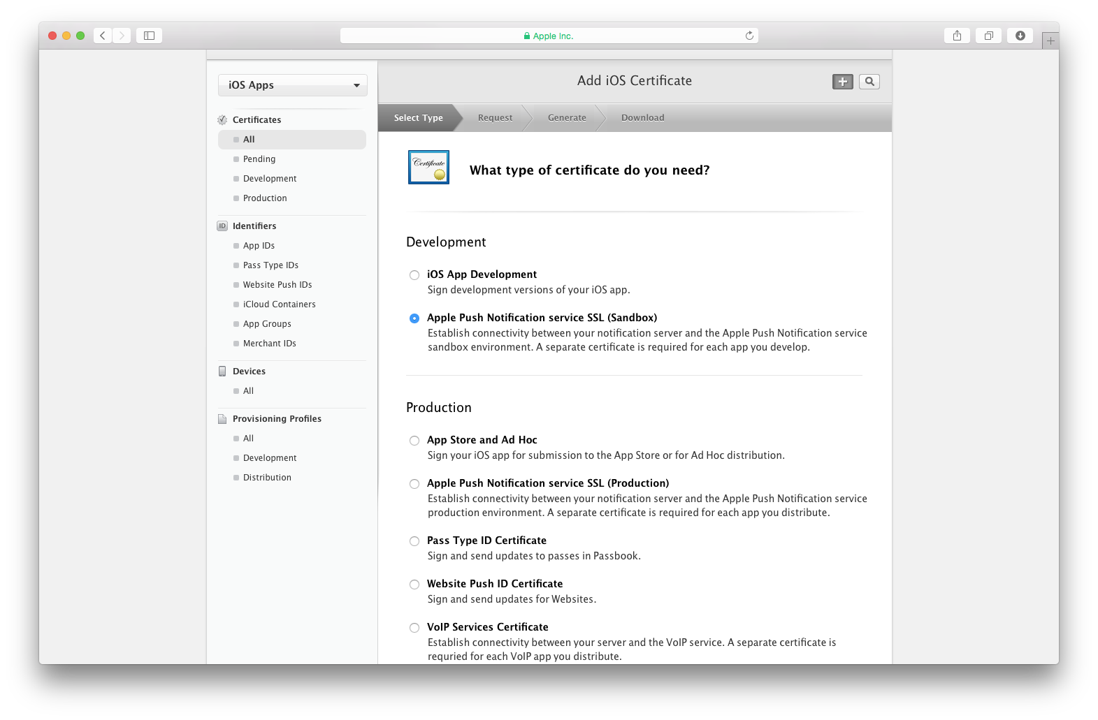 Select a Development or Production certificate